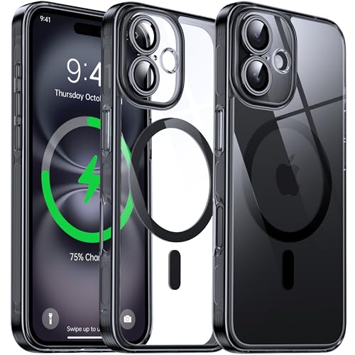 Coque magnétique pour iPhone 16 transparante avec protège-objectif noir