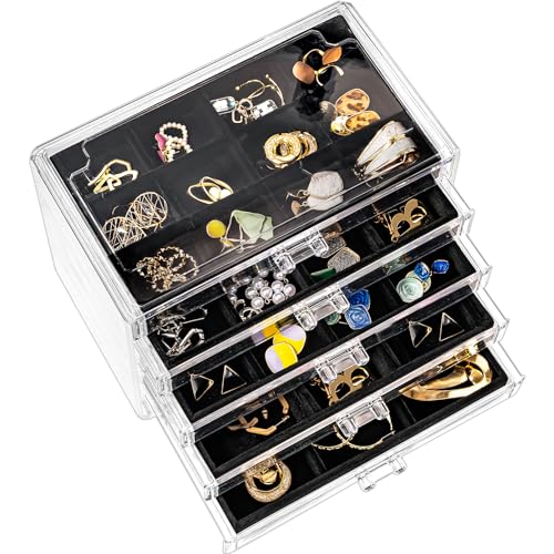 ProCase Earring Holder Organizer Jewelry Box with 5 Drawers, Acrylic Clear Earring Case with Adjustable Velvet Trays for Women - Black, 5 Layers