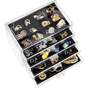 Earring Holder Organizer Jewelry Box with 5 Drawers Mothers Day Gift, Acrylic Clear Earring Case with Adjustable Velvet Trays for Women – Black, 5 Layers
