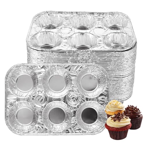 SENENQU Pack of 50 Aluminum Foil Muffin Pans, Holds 6 Cupcakes/Muffin & Pie foil Pan, Standard Size Cupcake Pans, Disposable Muffin Tin for Baking