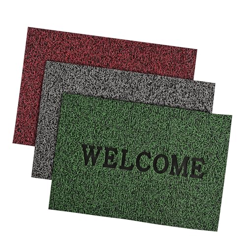 Image of Kuber Industries Pack of 3 Anti-Slip Welcome Print Grass Door Mats for Home| (16x24 Inch) Main Entrance Footmats for Bathroom, Living Room & Office | Grass Cut -Red, Grey & Green