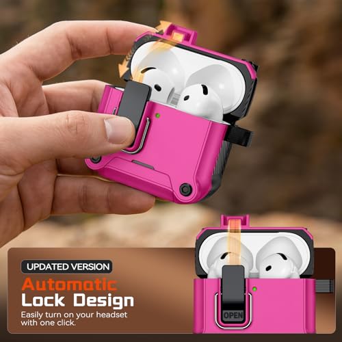 Image of Inesore for AirPods 4 Case with Secure Lock (Rose red) | Phone Stand Design,Compatible with MagSafe,Automatic Snap Switch Secure Cover with Cleaner Kit & Keychain