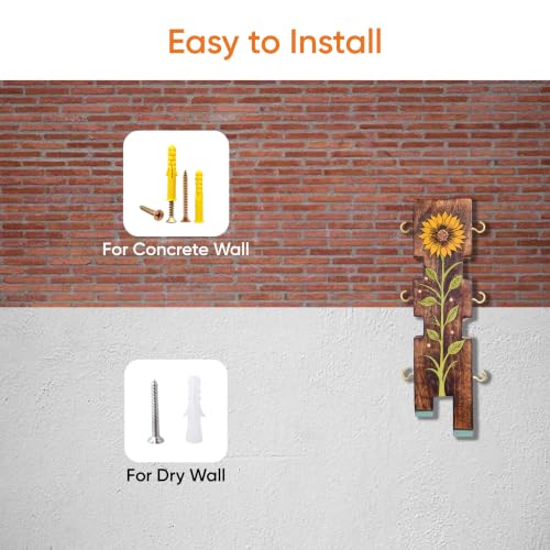 Image of AAKRITI ART CREATIONS Key Holder, Sunflower Wooden Key Hanger | Rustic Wooden Wall Organizer with 6 Hooks | New Home Gifts | Multifunctional Entryway Decor Item