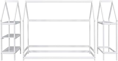 Miniatura 7 de Bellemave Cama de casa con almacenamiento, cama Montessori de tamaño individual con estantes desmontables y barra para colgar, cama de piso de