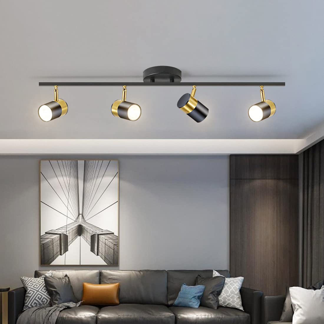 Kit Di Illuminazia Binario Regolabile Nero a 4 Luci Led Vicino Al Soffitto con Lampadine Led Gu10, Faretto da Soffitto Direzionale Moderno per Camera da Letto Cucina Isola Corridoio (Nero, 4