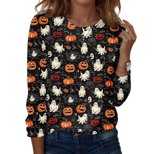 Halloween Shirts for Women Long Sleeve Plus Size Fashion Crewneck Comfortable Tshirts Halloween Costumes for Women