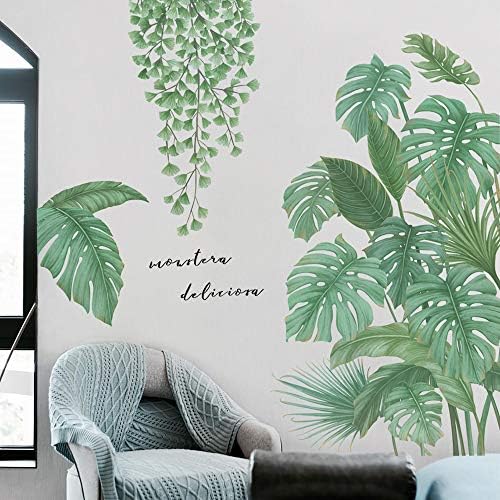 DIY Green Plants Ginkgo Leaf and Tropical Leaves Wall Decal, VASZOLA Removable Waterproof 3D Fresh Leaves Wall Sticker Home Nursery Decor Art Murals Paper Decoration for Living Room Office Bathroom