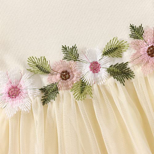 Toddler Girl Floral Tutu Dress Summer Baby Flower Girl Dress Sleeveless Tulle Knit Princess Party Casual Sundress 2-7T (4-5T, Beige) #TOP5