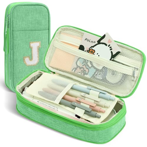 Image of Preppy Pencil Case for School Supplies, Large Initial Pencil Pouch with Zipper, Cute Pencil Bag for Office Supplies, Aesthetic Pen Case Box for Kids Teen Girls Women - J(Green)