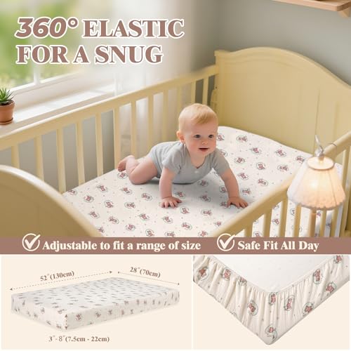 Baby Crib Sheets Cotton Muslin: 2 Crib Sheets Neutral and 1 Waterproof Baby Mattress Protector Cover for Boys Girl Fitted Toddler Bed Mattress 54 x 28 Inch (Bear, Blue, White, Crib) — view 4