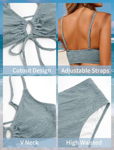 Image of ZAFUL Bikini Sets for Women String 2 Piece Swimsuits High Waisted Bathing Suit V Neck Cut Out Swimwear
