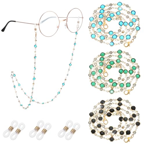 Mabor 3 Stück Modisch Brillenband Herren Strass Brillenkette Damen Elegante Brillenschnur für Sonnenbrillen Lesebrillen und Korrektionsbrillen (Schwarz Grün Blau)