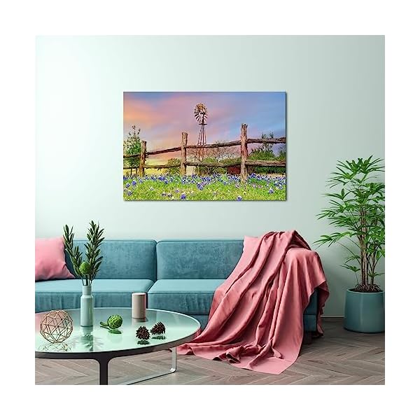   Conipit-Texas-Landscape-Wall-Art-Rustic-Windmill-Artwork-Wildflowers-Bluebonnets-Canvas-Texa-Countryside-Picture-Western-Farmland-Art-Prints-for-Home-Wall-Decor-Framed-24x36
