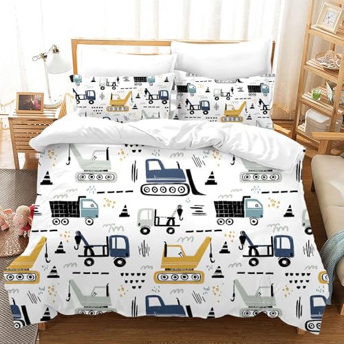 Ropa de cama infantil de 135 x 200 cm, diseño de excavadora, tractor y coches, diseño de dibujos animados en 3D, juego de ropa de cama para niños y niñas con funda de almohada (A-1, 200 x 200 cm)