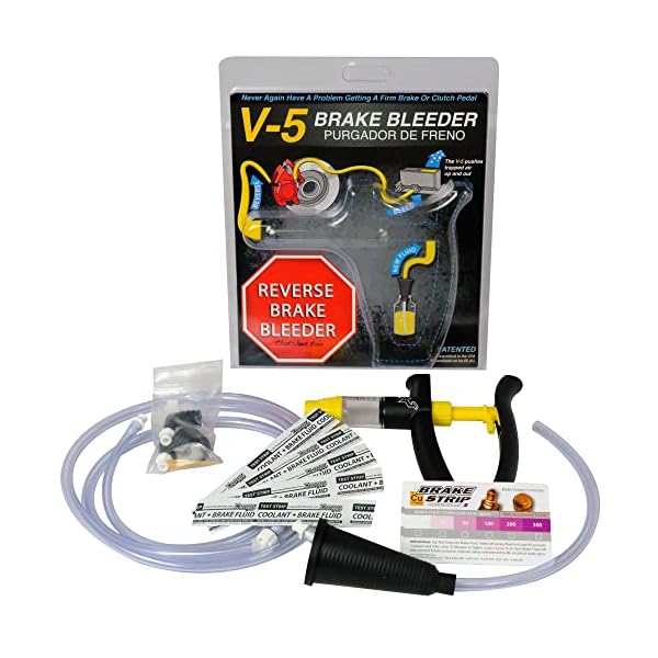 Phoenix Systems 2104-BRK V-5 Reverse Brake and Clutch Bleeder (Includes 5 Pack of Brake Fluid + coolant Test Strips), One Person, Fits All Makes and Models