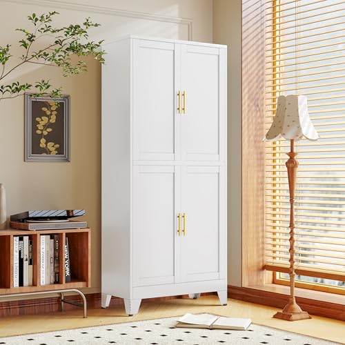 Image of PAOFIN White Metal Storage Cabinet, Pantry With 4 Doors and Adjustable Shelves, Leveling Foot for Kitchen, Living Room and Dinning Room, 75 inch H