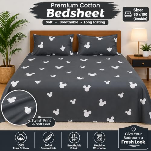 Image of Dark Grey Minimal Icon Print Double Bedsheet | 100% Cotton Soft & Breathable Bed Sheet | 80 x 100 Inches | Premium Cartoon Printed Bedding | Skin Friendly, Fade Resistant & All Season Comfort