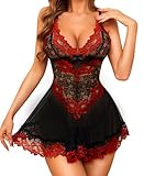 RSLOVE Lace Chemise Lingerie for Women - Sexy Babydoll V Neck Boudoir Sleepwear Mesh Nightgown Strap Nightwear Outfits Black&Red L