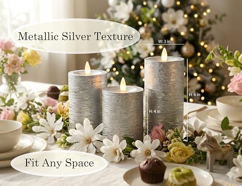 Image of Shiny Metallic Silver Flameless Pillar Candles, Patented 3D Realistic Moving Flickering Flame with Remote Timer, Battery Operated 400hrs for Wedding, Holiday, Party, Decor, Gift(Set of 3)