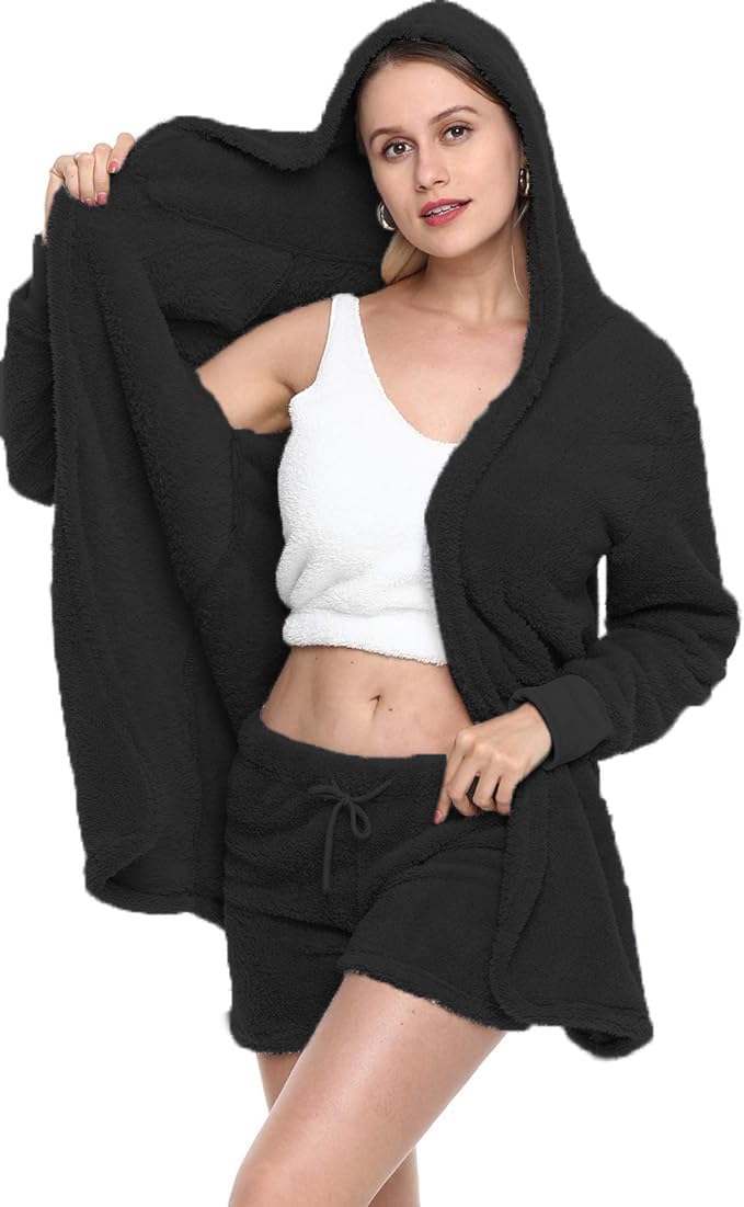 VNVNE Womens Sexy Fuzzy Warm Sherpa Fleece 3 Piece Outfit Fleece Coat Jacket Outwear and Spaghetti Strap Crop Top Shorts Set: Small Black