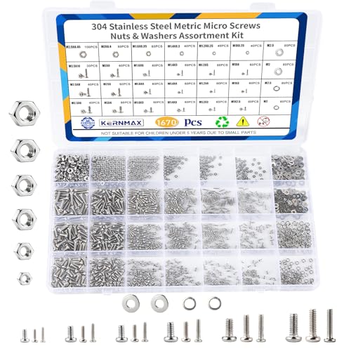 Kernmax 1670Pcs 304 Stainless Steel Metric Micro Screws Nuts Assortment Kit, M1 M1.2 M1.4 M1.6 M2 M2.5 Sizes, Phillips Pan Head Small Machine Screws for Arduino, Electronics, RC Models, DIY Projects