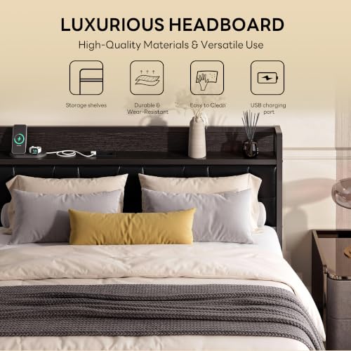 Image of LIKIMIO California King Bed Frame, PU Leather Storage Headboard with Charging Station, Solid and Stable, Noise Free, No Box Spring Needed, Easy Assembly, Black
