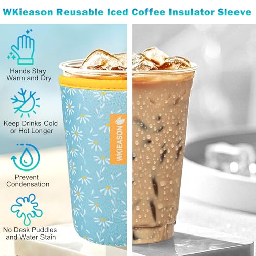 Image of WK IEASON Reusable Iced Coffee Insulator Universal Ice Coffee Sleeve for Cold Beverages Neoprene Cold Coffee Cup Sleeves Cooler Cover 16-32OZ for Coffee Cups, McDonalds, Dunkin Donuts, More