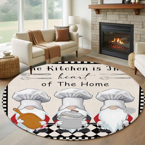 Image of Round Rugs 6Ft, Beige Chef Gourmet Washable Rug for Living Room Low Pile Indoor Floor Carpet, Black White Plaid Kitchen Cook Non-Skid Bathroom Rug Kitchen Runner Rugs for Bedroom