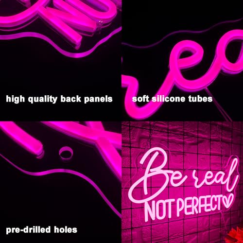 Image of Symone Be Real Not Perfect Heart Neon Sign, Motivational Neon Sign USB Powered LED Dimmable Inspirational Neon Light, for Office Living Room Bedroom Bar Garage Studio Wall Decor(15.7 * 8.2 In)