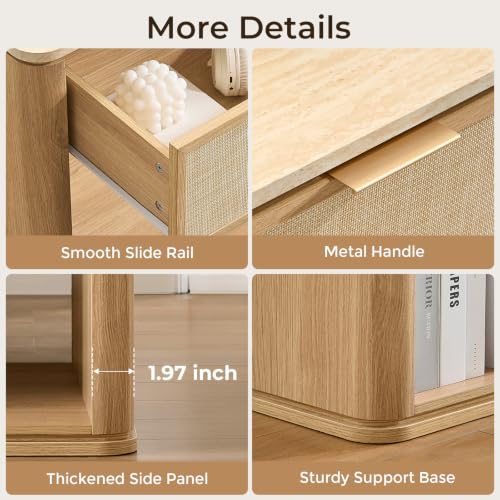 Image of Night Stand Set of 2, 23.11 inch W Rattan Nightstand with 1 Drawer and Open Shelf, Faux Marble Top Bedside Table, Boho Mid Century End Table for Bedroom Living Room Office, Natural Oak [FSC Certified]