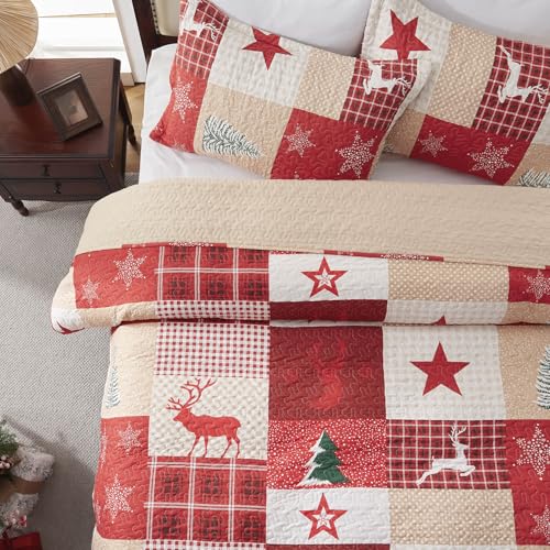 LEAONME Christmas Quilt Set 3-Piece Full Queen Size Bedspread Coverlet 90''x98'' Lightweight Patchwork Oversized Bedding Set with 2 Pillow Shams for All Seasons