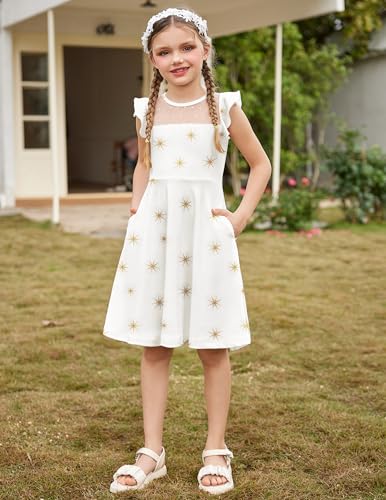 Arshiner Girls Dress Summer Ruffle Sleeve Mesh A Line Casual Party Dresses with Pockets4