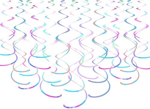 Iridescent White Hanging Swirl Decorations Sparkly Transparent Plastic Streamers Ceiling Decorations Children's Birthday Party Unicorn Themed Party Decorations, Pack of 30