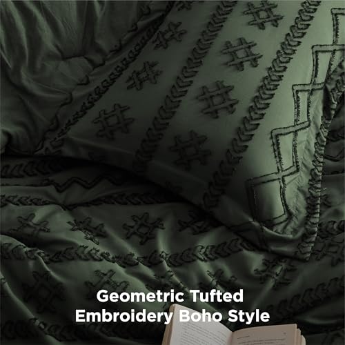 Image of Bedsure Tufted Boho Comforter Set Queen Size - Olive Green Boho Bed Set, GentleSoft 3 Pieces Farmhouse-Style, Home Decor Bedding, Gifts for Woman, Soft Jacquard Queen Comforter for All Seasons