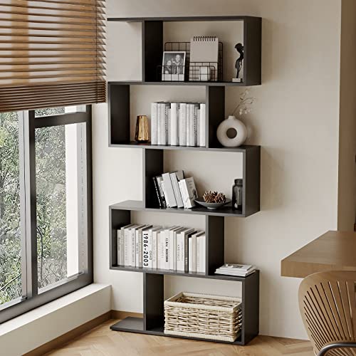 Chf Dpt 5-Tier Geometric Bookcase, Black Wooden Modern Bookshelf With Large Capacity, Freestanding Decorative Tall Bookcase Shelving For Bedroom Living Room, S Shaped Bookshelf With Particleboard #TOP1