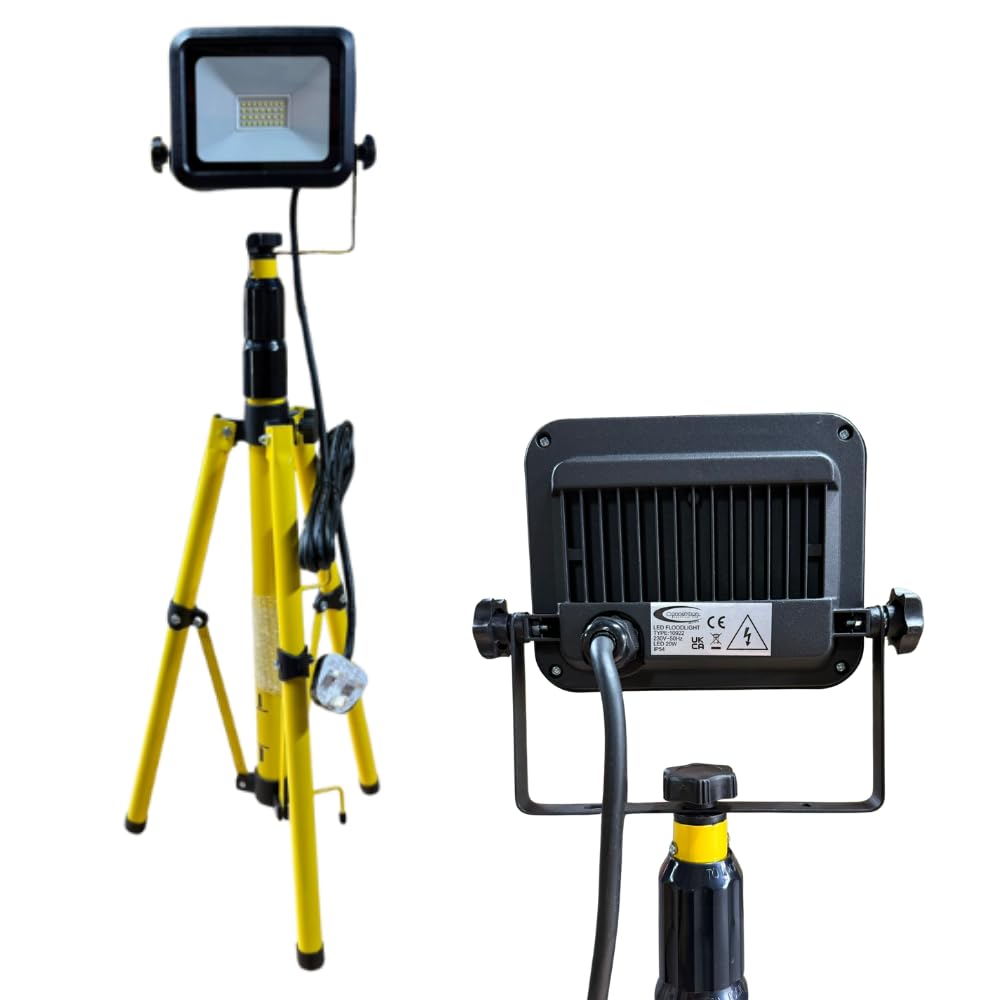 Connexion 240V LED Floodlight 20W Tripod Work Light with 13A Plug 3m Cable, IP44 Rated, Adjustable Stand, 2200Lms Bright Site Lighting for Construction, Workshop, Indoor and Outdoor Flood Light