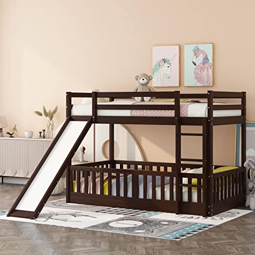 Low Bunk Beds Twin Over Twin with Slide, Kids Wood Bunk Beds with Fence, Twin Bunk Bed with Ladders and Safety Guard Rails for Kids, Toddlers, Teen, No Box Spring Needed (Espresso)