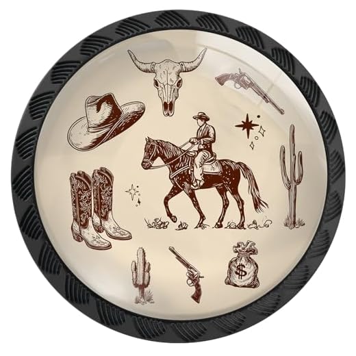 Artinhand 4 Pack Vintage Western Cowboy Cabinet Knobs Round Drawer Pulls Black Dresser Knob Cupboard Door Handles Hardware for Kitchen Bathroom Cabinets