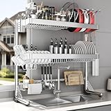 CUISIBOT Escurridor de platos sobre el fregadero, 3 niveles ajustables de 20.8 a 33.4 pulgadas, escurridor completo de acero inoxidable, organizador de cocina multifuncional expandible con estante