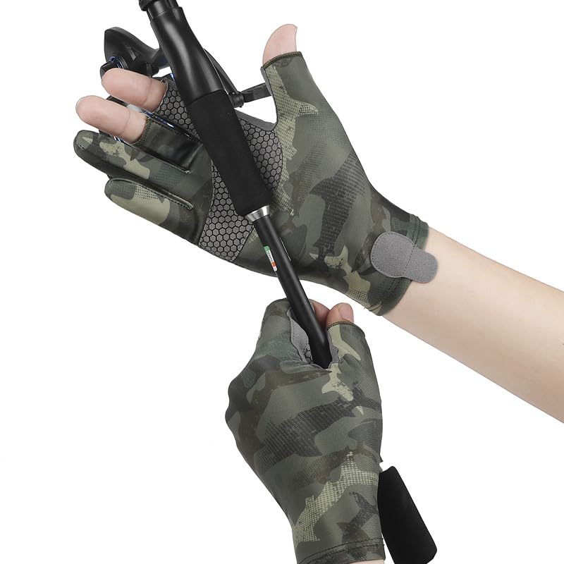 JIAHG Mens Camo Ice Silk Fishing Gloves 3 Finger Cut Anti-Slip Kayaking Sea Fishing Gloves UPF 50+ Sun UV Protection Fingerless Glove for Paddling Rowing - Image 4