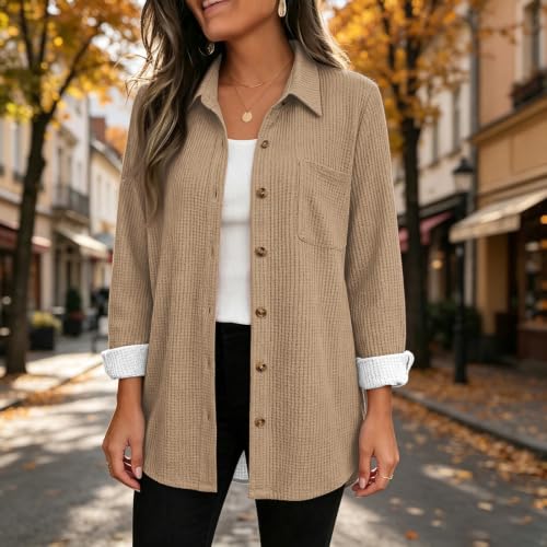 Fall Jackets for Women Button Down Casual Vintage Waffle Lightweight Tops - image 6