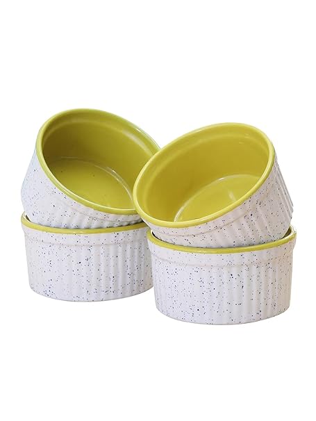 MIAH Decor Ceramic Stoneware Handcrafted Brilliant Ramekin Dessert Bowls-Set of 4,[White And Lime Green] Microwave Convection Safe/Freezer Safe/Dishwasher Safe Serveware Bowl (MD-247A)