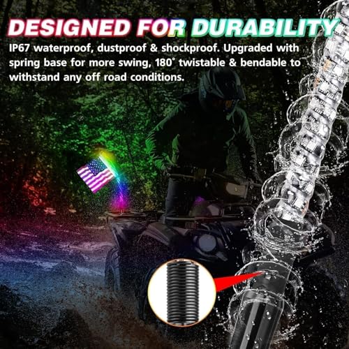 Image of LED Whip Lights, AKD Part 2PCS 2FT UTV ATV Lighted Whips Bluetooth APP /Remote Control RGB LED Whips Antenna Flags for UTV SXS Side by Side Trucks RZR Can-Am Kawasaki Honda Yamaha Accessories