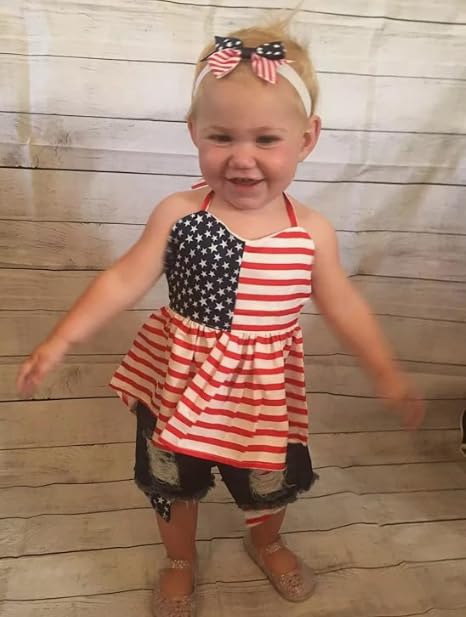 Socutebabe Toddler Girls Fourth of July Outfit Kids American Flag Halter Vest Top Ruffle Jeans Denim Shorts Set (Vest Shorts Set, 4-5 Years)