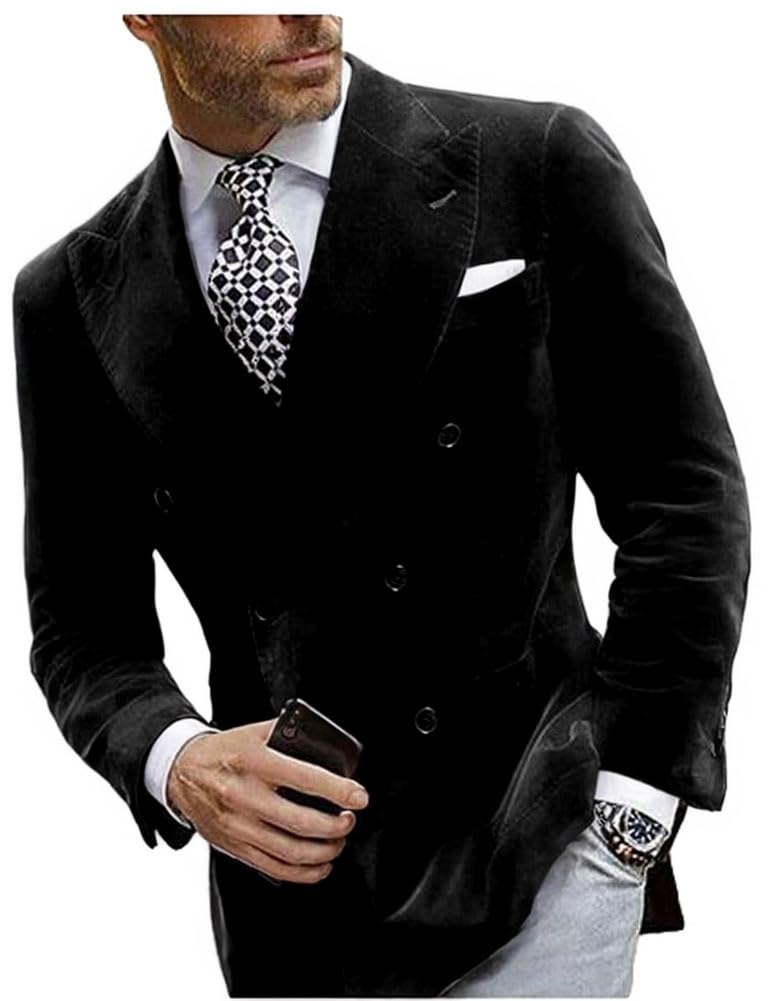 Mi Bo Tong Mens Velvet Blazer Jacket Double Breasted Notch Lapel Dinner Suit Jacket Prom Party Coat, Black, 44