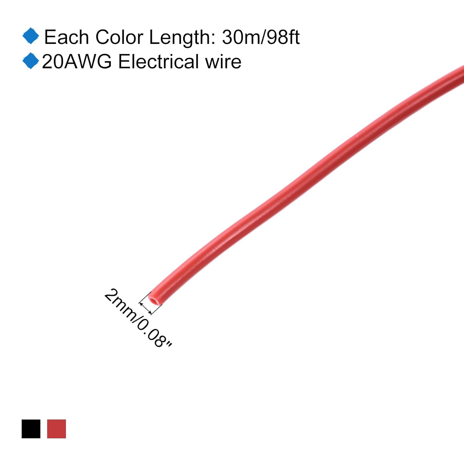 MECCANIXITY 20 Gauge PVC Hookup Wire 30m/98ft 20AWG Flexible Electrical Wire Spool UL1007 Tinned Copper Stranded Black Red, 2mm Dia for Boat/Marine Trailer, LED Strip Landscape Lighting