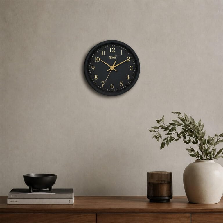 Image of Ajanta Wall Clock 24.5 cm Black Gold Designer Silent Sweep Clock
