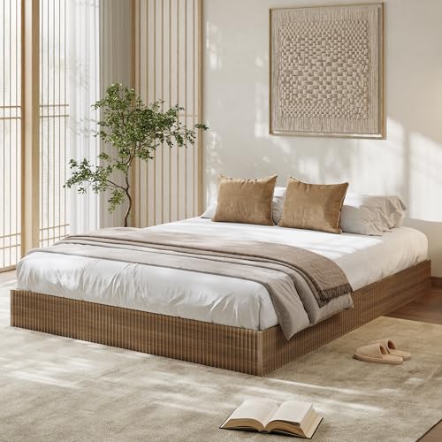 Image of GarveeHome Queen Size Bed Frame, Wood Platform Bed, Fluted Bed Frame, Minimalist Bed Base with Low Profile Design, Noise-Free, Easy Assembly, No Box Spring Needed, Walnut