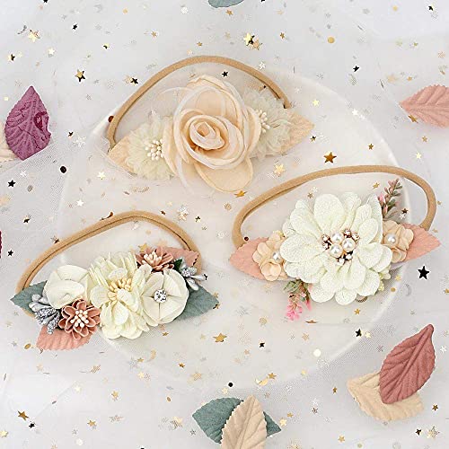 Image of BAKEFY - 3 Baby Girl Nylon Headbands Infant Flower Elastic Hair band Bows Wraps For Newborn Toddler Hair Accessories Baby Girl Bows Floral Headbands Set