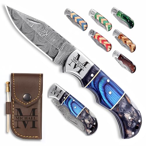 Custom Pocket Knife gifts for Men, Personalized Damascus Folding Knife, Engraved Gifts for Him, Dad, Boyfriend, Husband, Anniversary, Groomsmen Gifts. Custom Knife for Camping Hunting Everyday Carry (Black Blue)